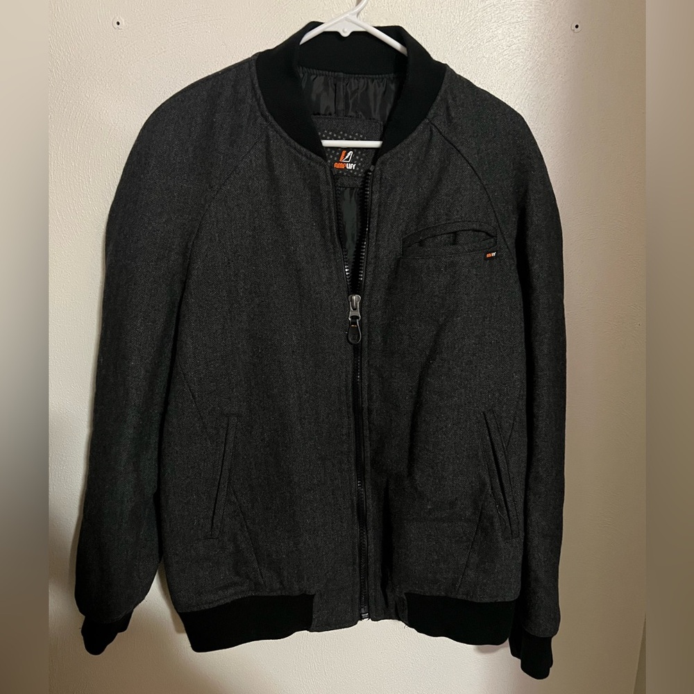 AMPLIFY Classic Wool Blend Herringbone Weave Bomber Style Jacket Grey Men's Sz L